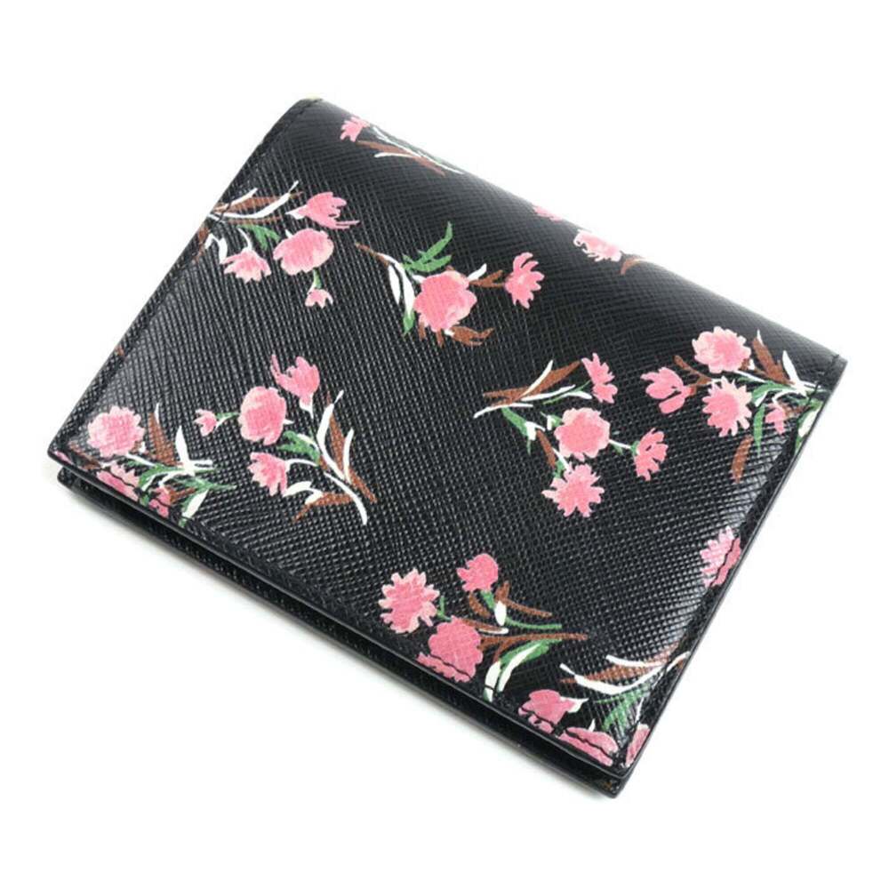 PRADA Prada Saffiano Flower Bouquet Bi-fold Wallet Black 1MV204 Women's - Picture 2 of 7
